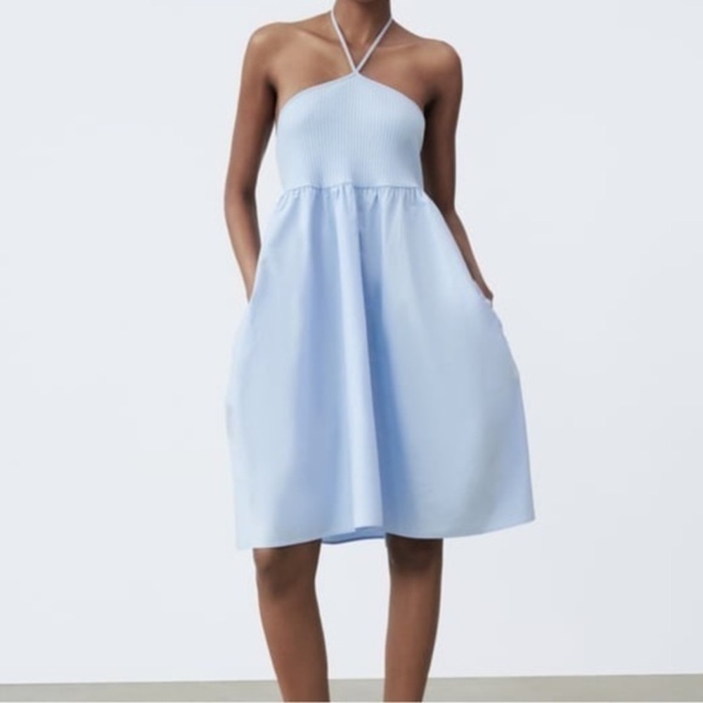 Zara Combination Halter Cotton Blend Light Blue Mini Dress